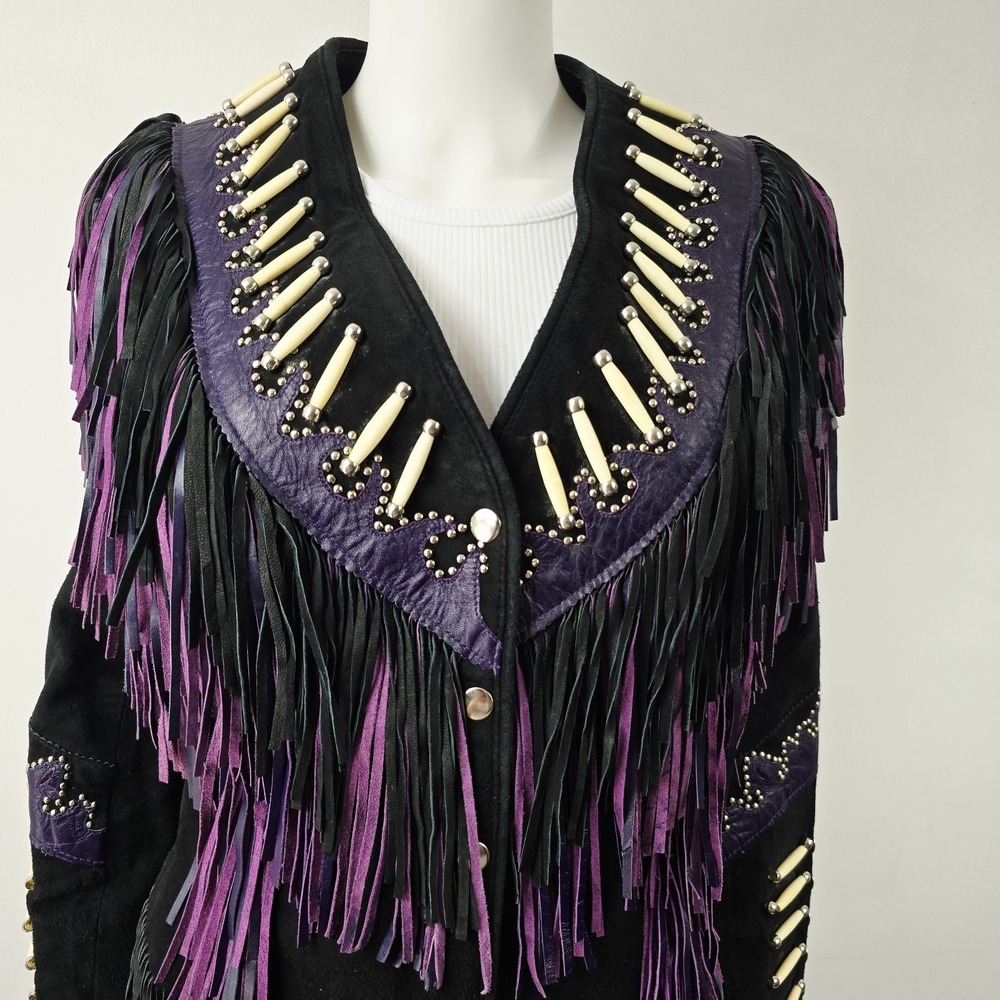 Leather Gallery Western Fringe Suede Jacket Cowgirl Southwest Beaded Size M Snap - Picture 8 of 15